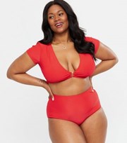 New Look Curves Red Ribbed High Waist Bikini Bottoms